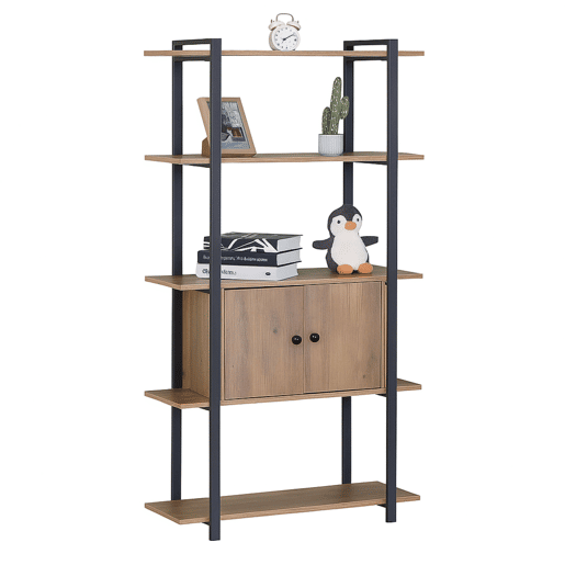 Estante de sala com 4 prateleiras e 2 portas em carvalho cambriano e metal melamina preto 80x150x34 cm