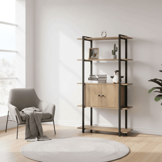 Estante de sala com 4 prateleiras e 2 portas em carvalho cambriano e metal melamina preto 80x150x34 cm