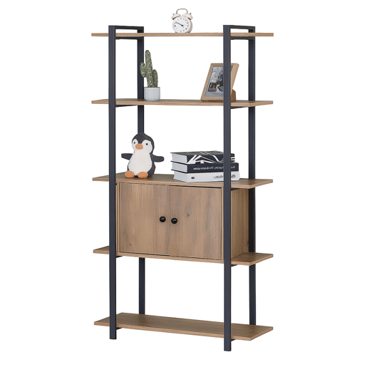 Estante de sala com 4 prateleiras e 2 portas em carvalho cambriano e metal melamina preto 80x150x34 cm