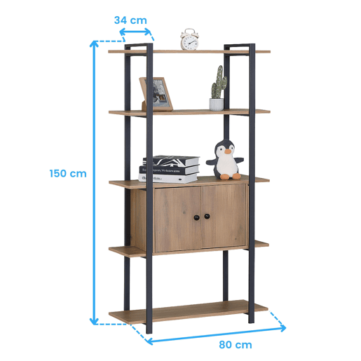Estante de sala com 4 prateleiras e 2 portas em carvalho cambriano e metal melamina preto 80x150x34 cm