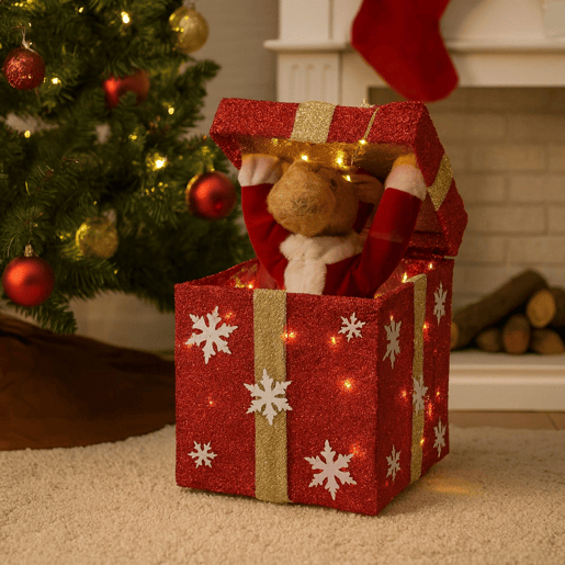 Caixa de presente de Natal vermelha decorativa com música e 50 LEDs quentes 50x25x25cm