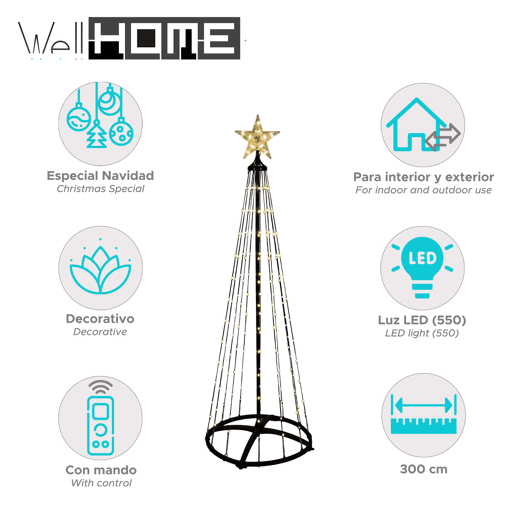 Árvore de Natal Well Home com 550 luzes LED brancas quentes com controle remoto - 300 cm de altura