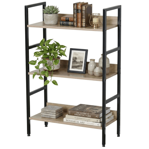 Estante baixa para sala de estar em carvalho cambriano e preto com 3 prateleiras em melamina e metal 60x93x28 cm