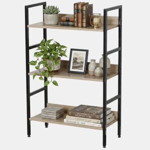 Estante baixa para sala de estar em carvalho cambriano e preto com 3 prateleiras em melamina e metal 60x93x28 cm