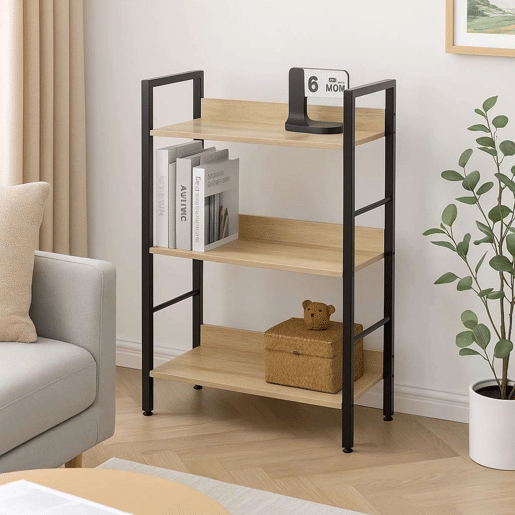 Estante baixa para sala de estar em carvalho cambriano e preto com 3 prateleiras em melamina e metal 60x93x28 cm
