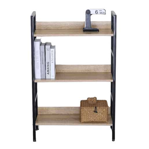 Estante baixa para sala de estar em carvalho cambriano e preto com 3 prateleiras em melamina e metal 60x93x28 cm