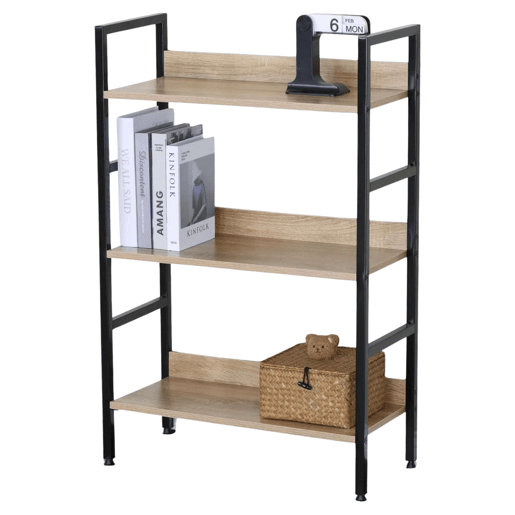 Estante baixa para sala de estar em carvalho cambriano e preto com 3 prateleiras em melamina e metal 60x93x28 cm