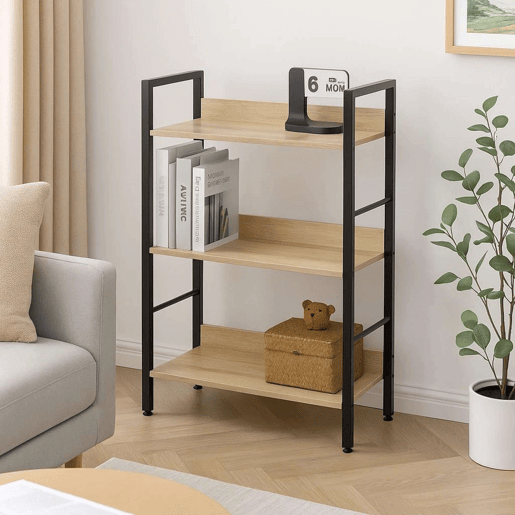 Estante baixa para sala de estar em carvalho cambriano e preto com 3 prateleiras em melamina e metal 60x93x28 cm