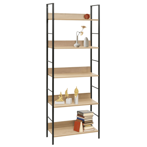 Estante de sala com 5 prateleiras em carvalho cambriano e melamina preta e metal 60x160x28 cm