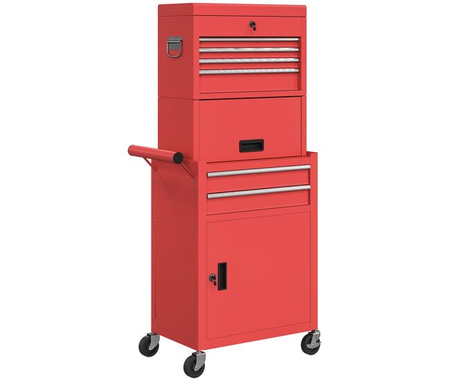 Homcom carro de herramientas con 6 cajones y cerraduras, 3 en 1, carro de taller móvil con ruedas y panel lateral perforado, caja de herramientas desmontable de acero, para taller, garaje, rojo