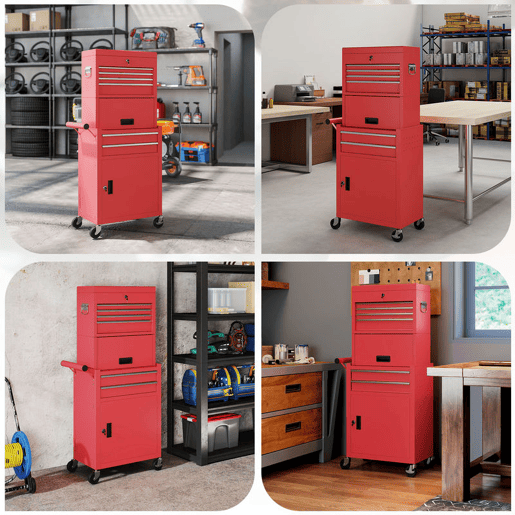 HOMCOM Carrinho de Ferramentas com 6 Gavetas e Fechos 3 em 1 Carrinho de Oficina Móvel com Rodas e Painel Lateral Perfurado Caixa de Ferramentas Desmontável de Aço para Oficina Garagem 60,5x33,5x131 cm Vermelho