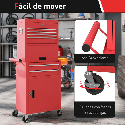 HOMCOM Carrinho de Ferramentas com 6 Gavetas e Fechos 3 em 1 Carrinho de Oficina Móvel com Rodas e Painel Lateral Perfurado Caixa de Ferramentas Desmontável de Aço para Oficina Garagem 60,5x33,5x131 cm Vermelho