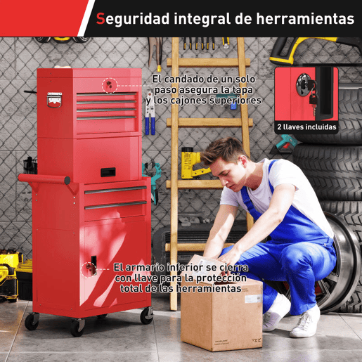 HOMCOM Carrinho de Ferramentas com 6 Gavetas e Fechos 3 em 1 Carrinho de Oficina Móvel com Rodas e Painel Lateral Perfurado Caixa de Ferramentas Desmontável de Aço para Oficina Garagem 60,5x33,5x131 cm Vermelho