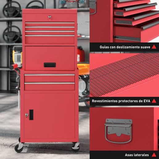 HOMCOM Carrinho de Ferramentas com 6 Gavetas e Fechos 3 em 1 Carrinho de Oficina Móvel com Rodas e Painel Lateral Perfurado Caixa de Ferramentas Desmontável de Aço para Oficina Garagem 60,5x33,5x131 cm Vermelho