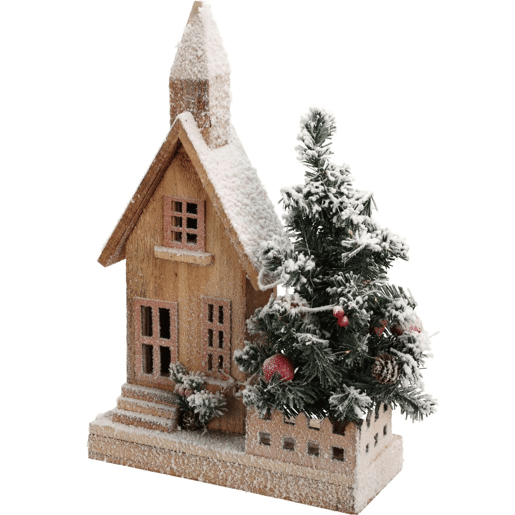 Decoração de Natal Well Home - Casa de Natal com Árvore e Luzes LED Brancas com Acabamento em Neve