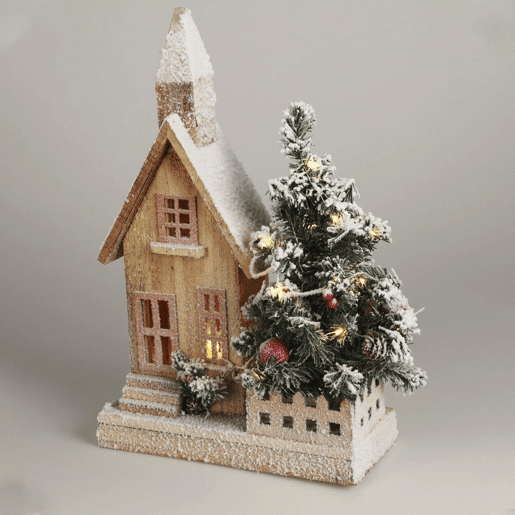 Decoração de Natal Well Home - Casa de Natal com Árvore e Luzes LED Brancas com Acabamento em Neve