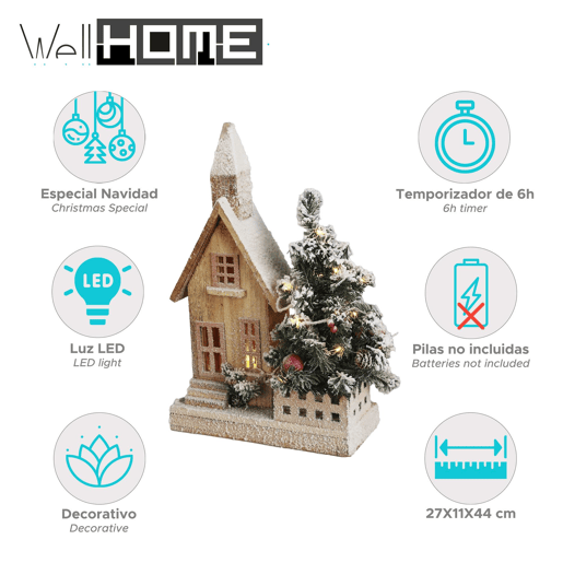 Decoração de Natal Well Home - Casa de Natal com Árvore e Luzes LED Brancas com Acabamento em Neve