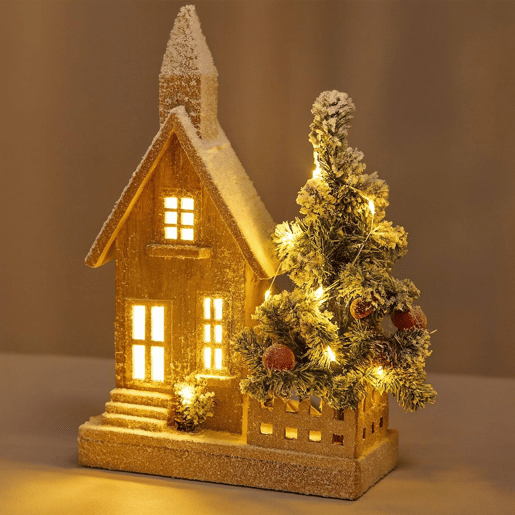 Decoração de Natal Well Home - Casa de Natal com Árvore e Luzes LED Brancas com Acabamento em Neve