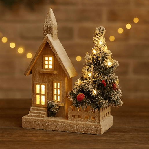 Decoração de Natal Well Home - Casa de Natal com Árvore e Luzes LED Brancas com Acabamento em Neve