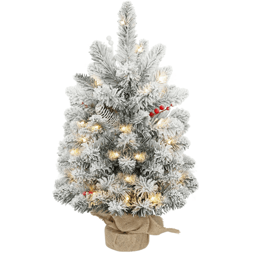 HOMCOM Árvore de Natal com 35 Luzes LED 60 cm Mini Árvore de Natal Artificial com 72 Ramos com Neve Pinhas Bagas e Base de Saco de Juta Decoração de Natal de Mesa para Casa Escritório Verde