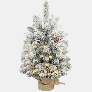 HOMCOM Árvore de Natal com 35 Luzes LED 60 cm Mini Árvore de Natal Artificial com 72 Ramos com Neve Pinhas Bagas e Base de Saco de Juta Decoração de Natal de Mesa para Casa Escritório Verde