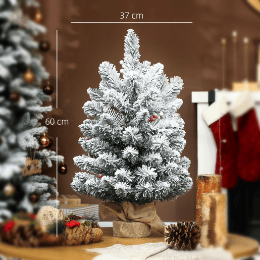 HOMCOM Árvore de Natal com 35 Luzes LED 60 cm Mini Árvore de Natal Artificial com 72 Ramos com Neve Pinhas Bagas e Base de Saco de Juta Decoração de Natal de Mesa para Casa Escritório Verde