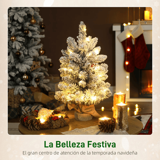 HOMCOM Árvore de Natal com 35 Luzes LED 60 cm Mini Árvore de Natal Artificial com 72 Ramos com Neve Pinhas Bagas e Base de Saco de Juta Decoração de Natal de Mesa para Casa Escritório Verde