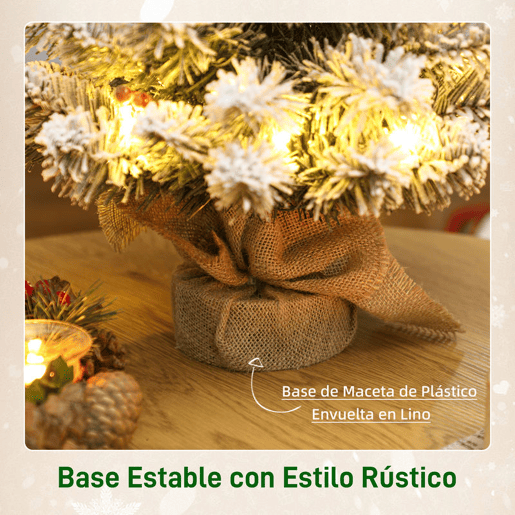 HOMCOM Árvore de Natal com 35 Luzes LED 60 cm Mini Árvore de Natal Artificial com 72 Ramos com Neve Pinhas Bagas e Base de Saco de Juta Decoração de Natal de Mesa para Casa Escritório Verde