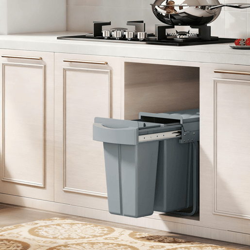 HOMCOM Balde do Lixo Sob Lavatório Balde do Lixo de Cozinha com 2 Contentores de Reciclagem Extraíveis 20L+10L Deslizamento Suave Asa Tampa com Padrão de Diamante Cinzento