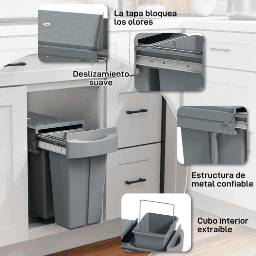 HOMCOM Balde do Lixo Sob Lavatório Balde do Lixo de Cozinha com 2 Contentores de Reciclagem Extraíveis 20L+10L Deslizamento Suave Asa Tampa com Padrão de Diamante Cinzento