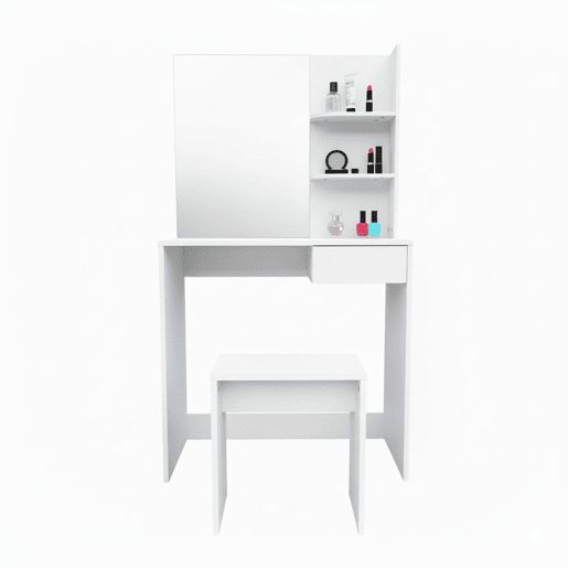 Penteadeira com espelho 75x40x137 cm Nyana Home | Gaveta, prateleiras laterais e banco | Design moderno e minimalista | Ideal para quarto Penteadeira com espelho 75x40x137 cm Nyana Home | Gaveta, prateleiras laterais e banco | Design moderno e minimalista | Ideal para quarto