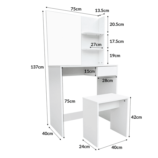 Penteadeira com espelho 75x40x137 cm Nyana Home | Gaveta, prateleiras laterais e banco | Design moderno e minimalista | Ideal para quarto Penteadeira com espelho 75x40x137 cm Nyana Home | Gaveta, prateleiras laterais e banco | Design moderno e minimalista | Ideal para quarto