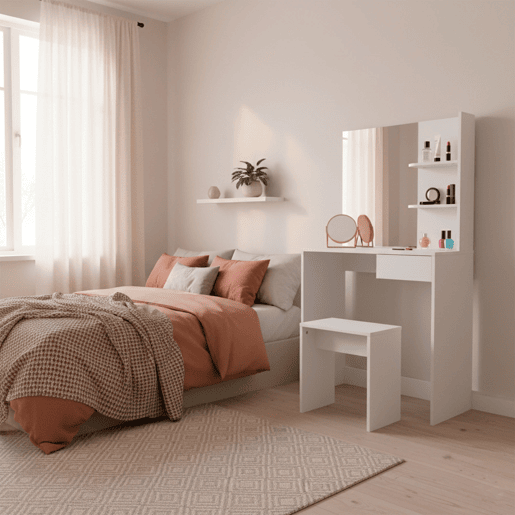 Penteadeira com espelho 75x40x137 cm Nyana Home | Gaveta, prateleiras laterais e banco | Design moderno e minimalista | Ideal para quarto Penteadeira com espelho 75x40x137 cm Nyana Home | Gaveta, prateleiras laterais e banco | Design moderno e minimalista | Ideal para quarto