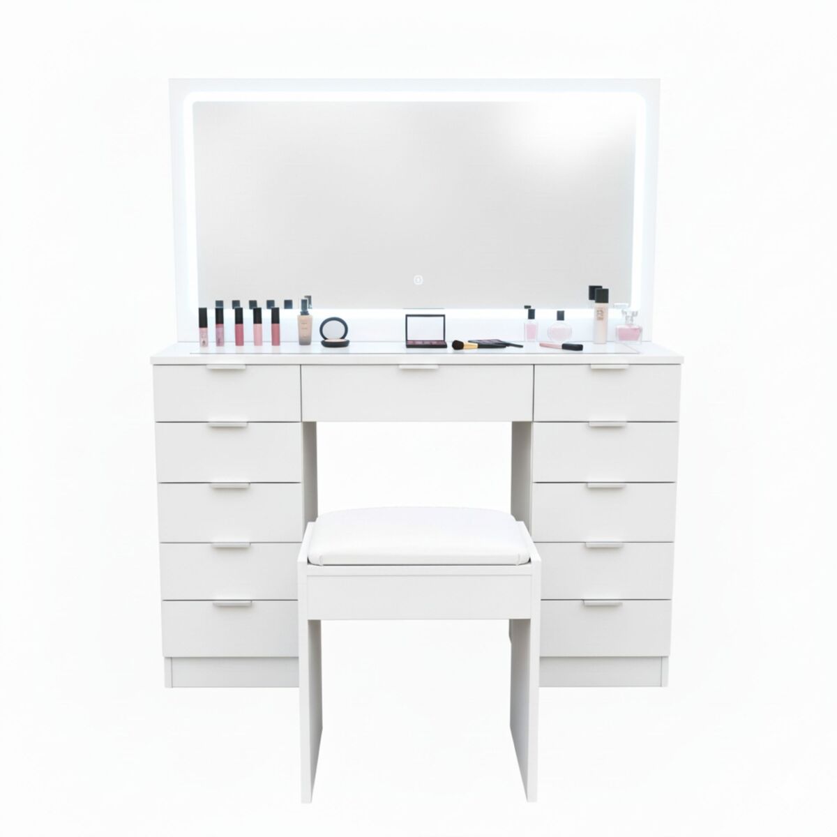 Tocador con espejo led 110x40x135 nyana home | encimera cristal templado | taburete acolchado | iluminación regulable | 11 cajones