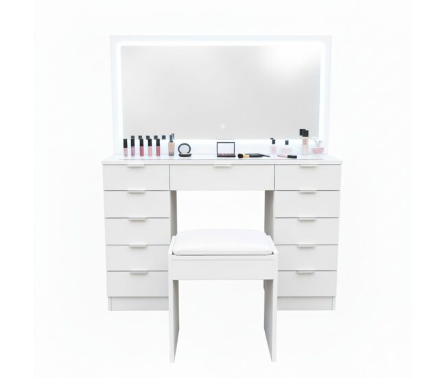 Tocador con espejo led 110x40x135 nyana home | encimera cristal templado | taburete acolchado | iluminación regulable | 11 cajones