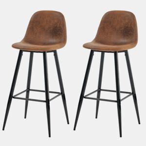 Banco Alto Estofado Em Pele Sintética Efeito Camurça Castanha Com Pés Metálicos Pretos, Estilo Industrial Moderno, Assento Ergonómico De 72.5 cm Ideal Para Bancada De Cozinha Ou Bar