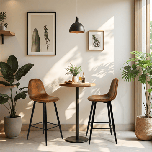 Banco Alto Estofado Em Pele Sintética Efeito Camurça Castanha Com Pés Metálicos Pretos, Estilo Industrial Moderno, Assento Ergonómico De 72.5 cm Ideal Para Bancada De Cozinha Ou Bar