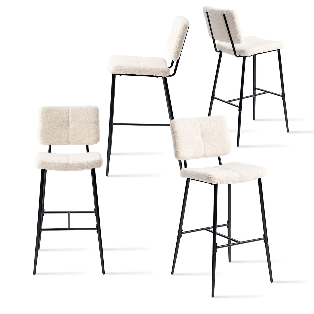 Pack de 4 taburetes de bar altos tapizados en tejido bouclé con patas metálicas negras con recubrimiento en polvo y estructura kd, diseño moderno y