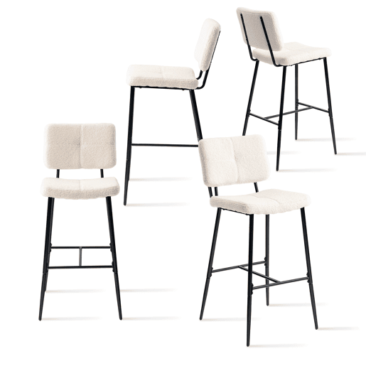 Conjunto De 4 Bancos Altos De Bar Estofados Em Tecido Bouclé Com Pés Metálicos Pretos Com Pintura A Pó E Estrutura KD, Design Moderno E Sofisticado Ideal Para Bancada De Cozinha Ou Sala De Jantar, Assento Ergonômico De 75 CM De Altura