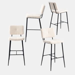 Conjunto De 4 Bancos Altos De Bar Estofados Em Tecido Bouclé Com Pés Metálicos Pretos Com Pintura A Pó E Estrutura KD, Design Moderno E Sofisticado Ideal Para Bancada De Cozinha Ou Sala De Jantar, Assento Ergonômico De 75 CM De Altura