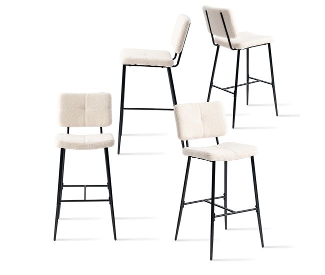 Pack de 4 taburetes de bar altos tapizados en tejido bouclé con patas metálicas negras con recubrimiento en polvo y estructura kd, diseño moderno y