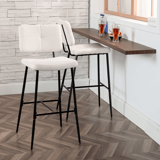 Conjunto De 4 Bancos Altos De Bar Estofados Em Tecido Bouclé Com Pés Metálicos Pretos Com Pintura A Pó E Estrutura KD, Design Moderno E Sofisticado Ideal Para Bancada De Cozinha Ou Sala De Jantar, Assento Ergonômico De 75 CM De Altura
