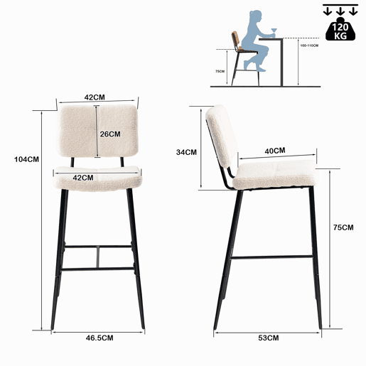 Conjunto De 4 Bancos Altos De Bar Estofados Em Tecido Bouclé Com Pés Metálicos Pretos Com Pintura A Pó E Estrutura KD, Design Moderno E Sofisticado Ideal Para Bancada De Cozinha Ou Sala De Jantar, Assento Ergonômico De 75 CM De Altura