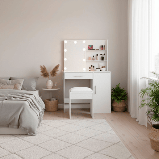 Penteadeira com espelho e iluminação LED Nyana Home | Prateleiras, gaveta e banco estofado | 3 modos de luz ajustáveis Penteadeira com espelho e iluminação LED Nyana Home | Prateleiras, gaveta e banco estofado | 3 modos de luz ajustáveis