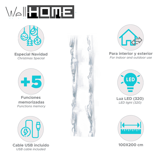Well Home Cortina de Luz com 320 Luzes LED com Controlador 200x100cm