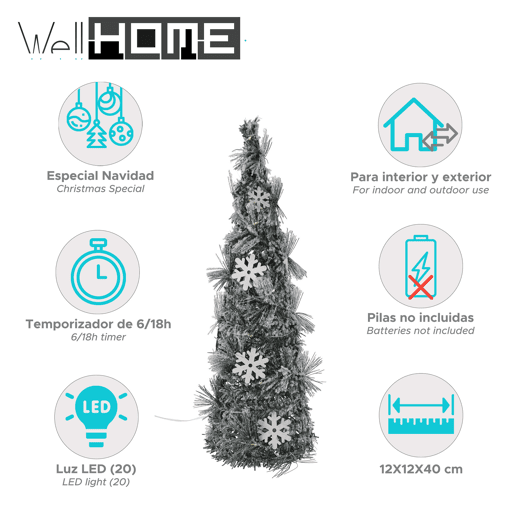 Cone de Natal Well Home com 20 Micro Luzes LED e Flocos de Neve 40cm
