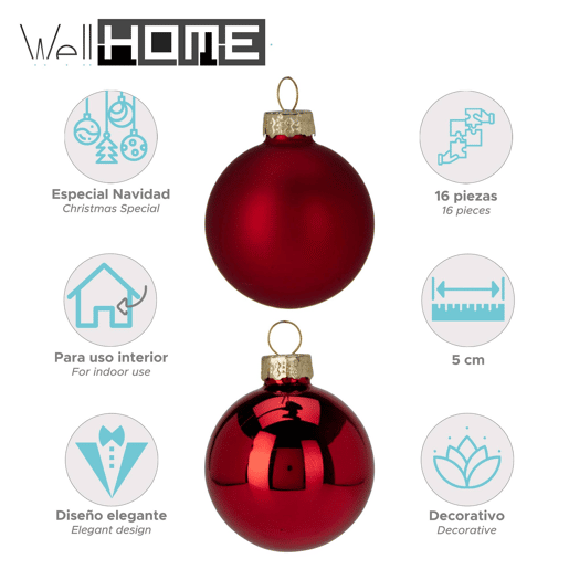 Well Home Conjunto de 16 Bolas de Natal Vermelhas Ø5cm - Brilhante e Fosco
