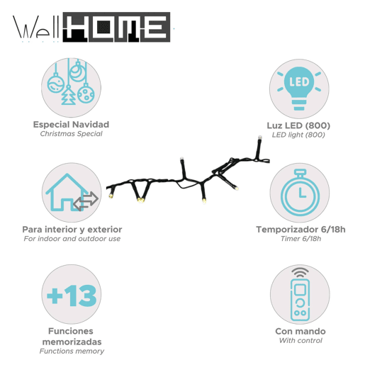 Luzes de corda LED Well Home 800 branco quente com controle remoto, 13 funções e temporizador