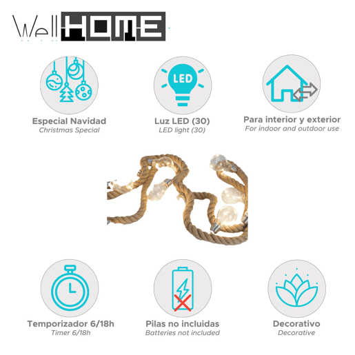 Guirlanda de corda de juta Well Home com 30 luzes LED brancas quentes