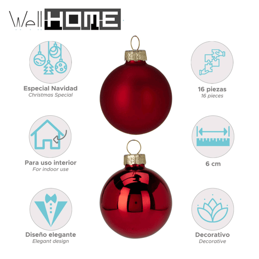 Well Home Conjunto de 16 Bolas de Natal Vermelhas Ø6cm - Brilhante e Fosco